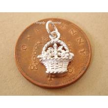 Miniature Flower Basket Silver Charm