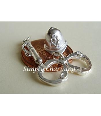 Policemans Helmet, Truncheon & Handcuffs Sterling Silver Charms
