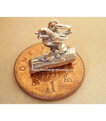 Robin On Log Sterling Silver Charm