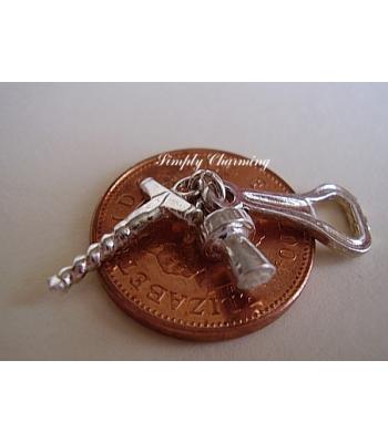 Corkscrew,Bottle Opener & Cork Sterling Silver Charm